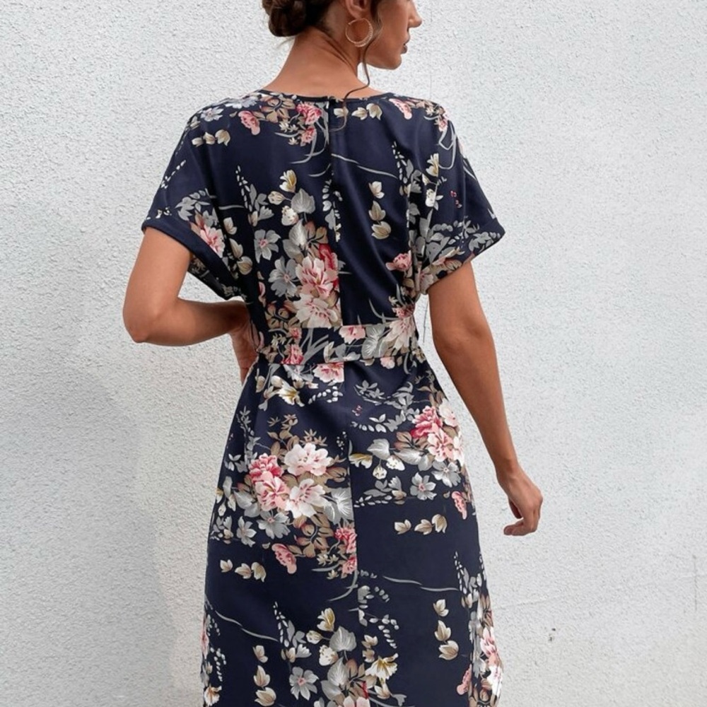 Blush Pink & Navy Blue Floral Midi Sundress with Dolman Sleeves - Picture 6 of 6